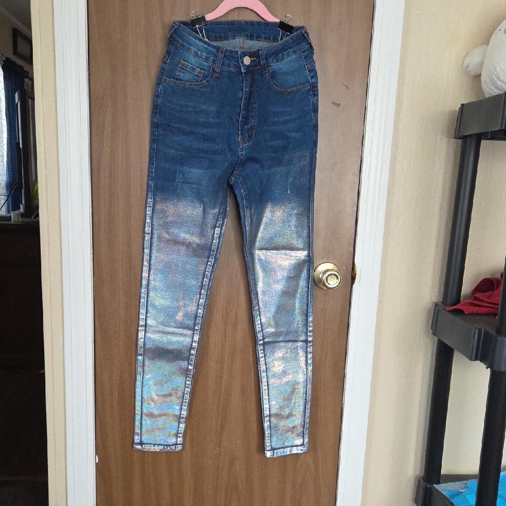 💖 Glamorous Blue and Silver Skinny Jeans Size XS